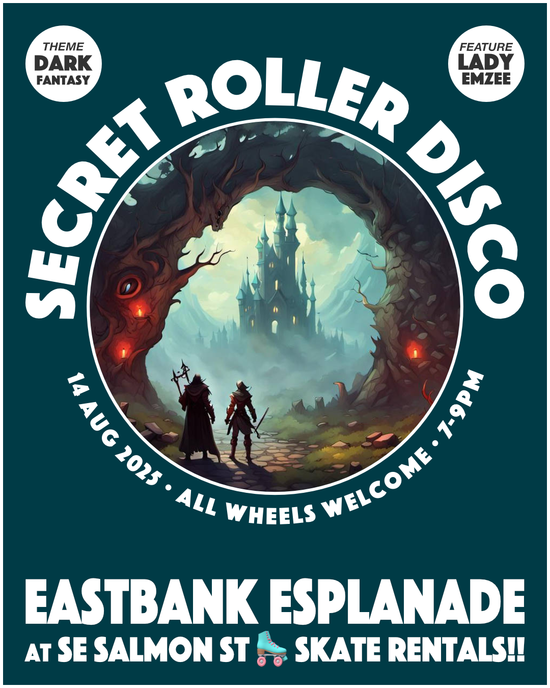 
          Flyer for Secret Roller Disco:
          Thursday, August 14, 2025, 7 to 9pm.
          Eastbank Esplanade.  at SE Salmon St. All wheels welcome.
          Skate Rentals!
        