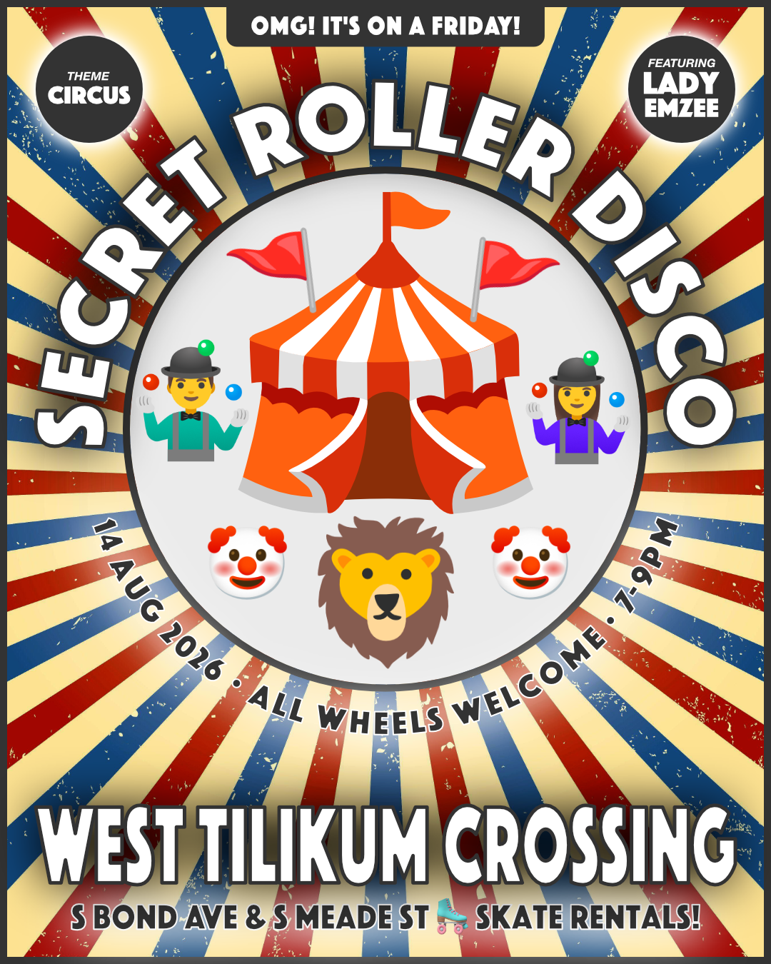 
          Flyer for Secret Roller Disco:
          Friday, August 14, 2026, 7 to 9pm.
          West Tilikum Crossing.  S Bond Ave and S Meade St. All wheels welcome.
          Skate Rentals!
        