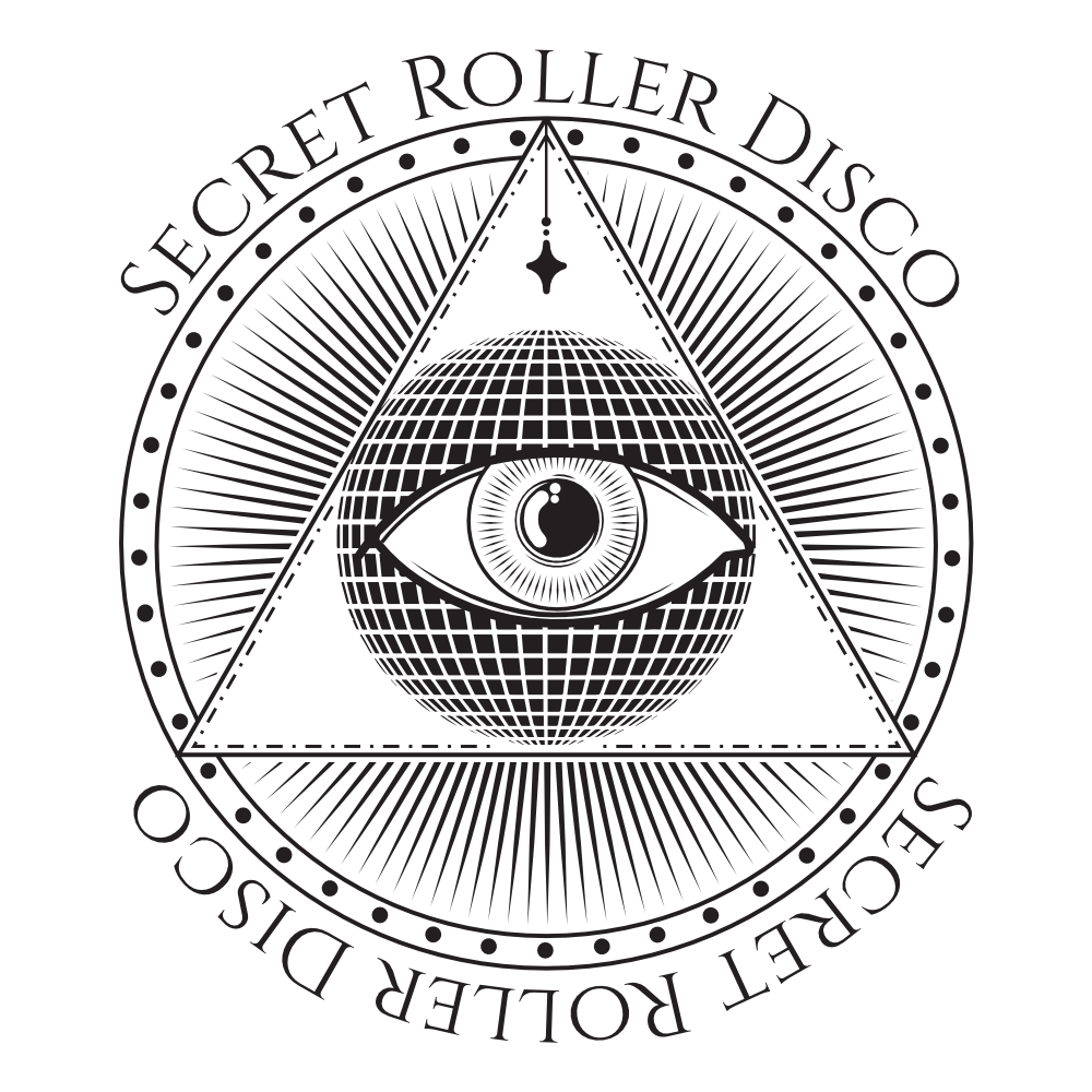 Secret Roller Disco logo with an eye ball in inside a disco ball inside a triangle.