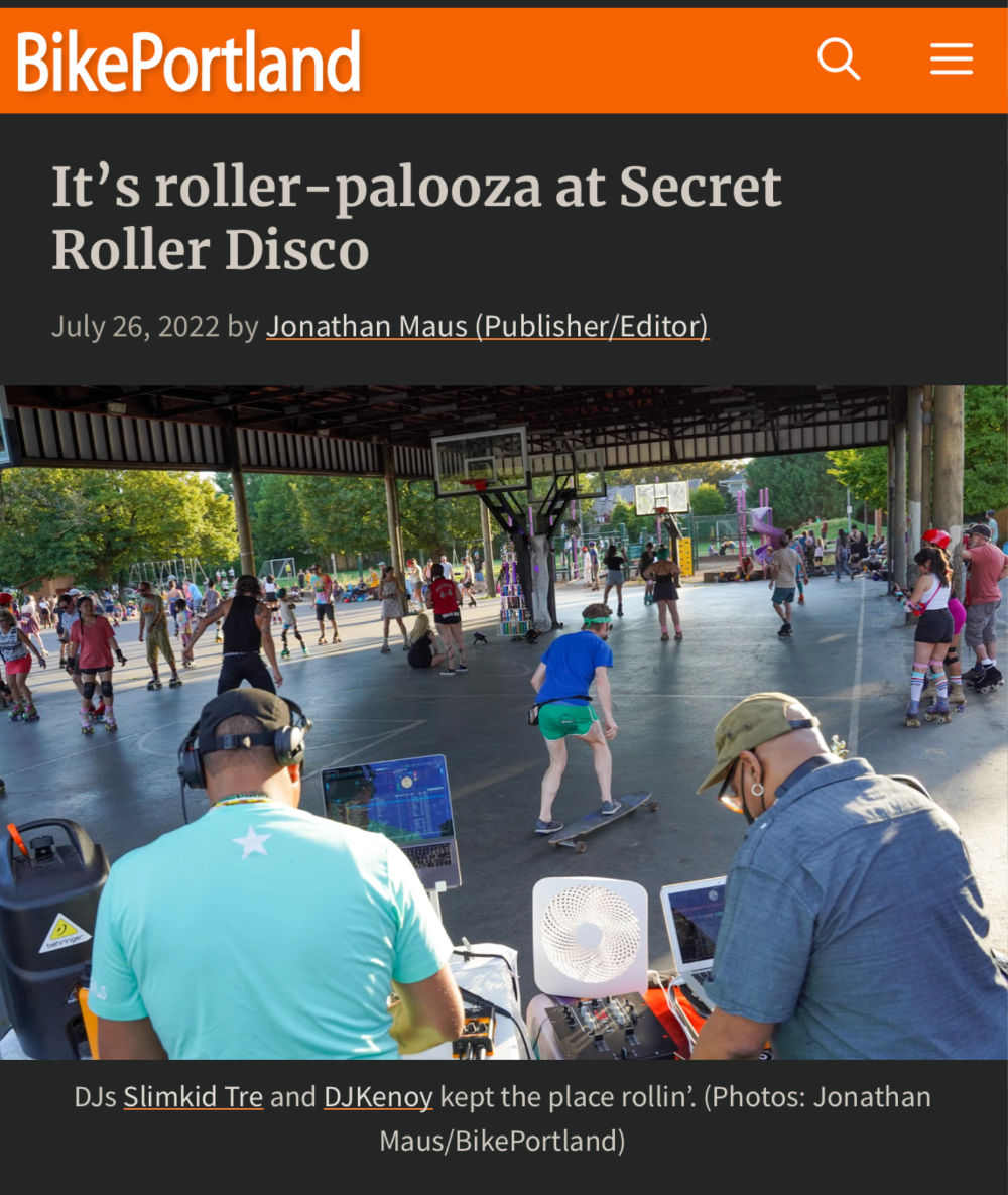 Screenshot of an article on the Bike Portland website about Secret Roller Disco