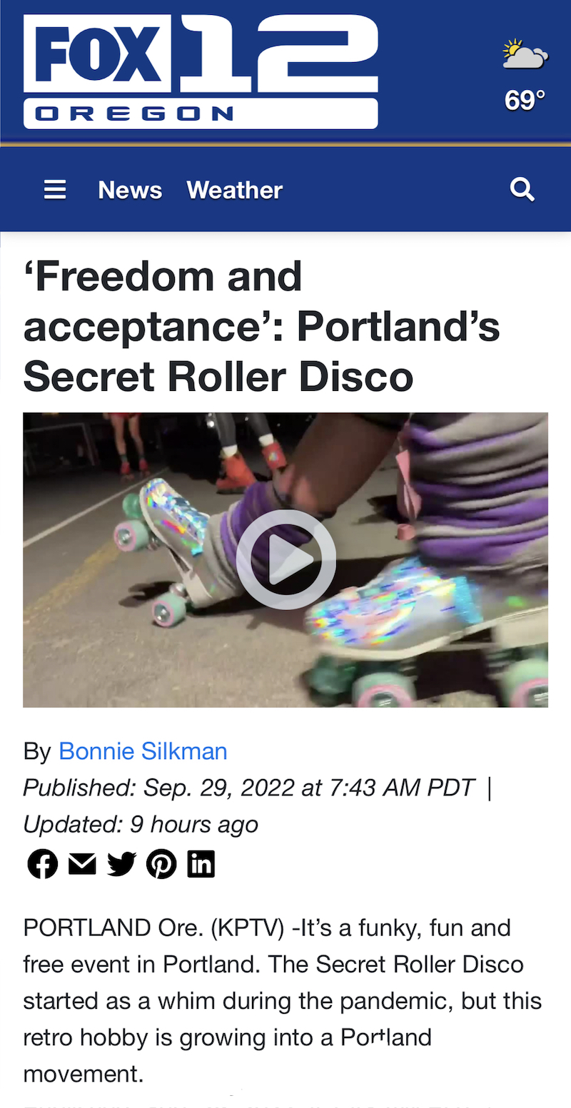 Screenshot of an article on the Fox 12 News website about Secret Roller Disco