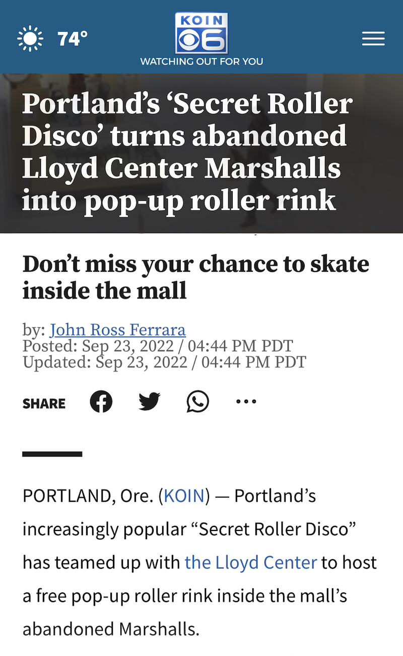 Screenshot of an article on the KOIN News website about Secret Roller Disco
