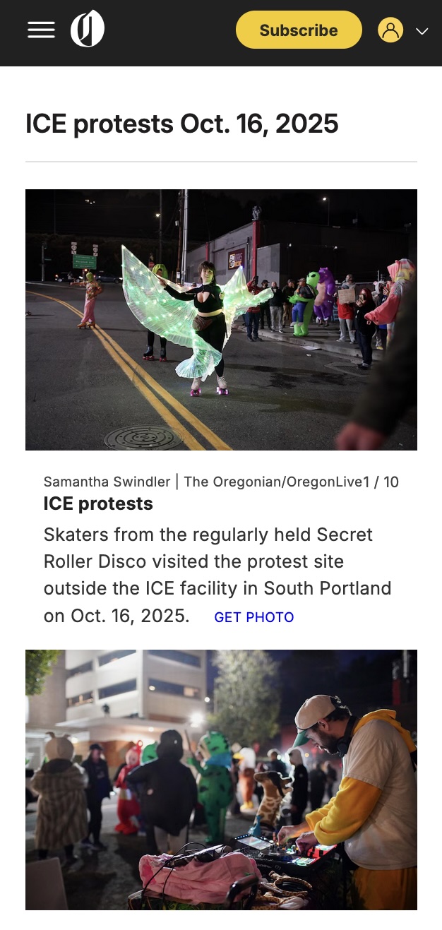 Screenshot of an article on the Oregon Live website about Secret Roller Disco Ice Protest